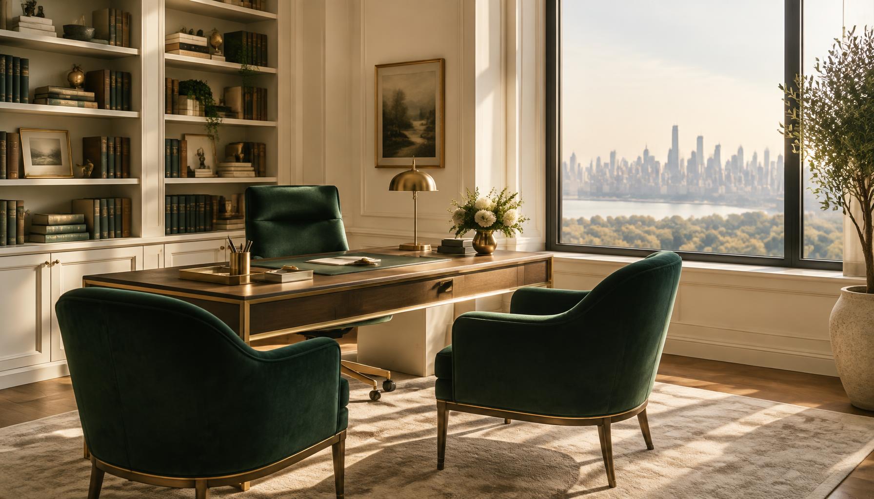The Meridian Wealth Partners office — quiet, light-filled, overlooking the city